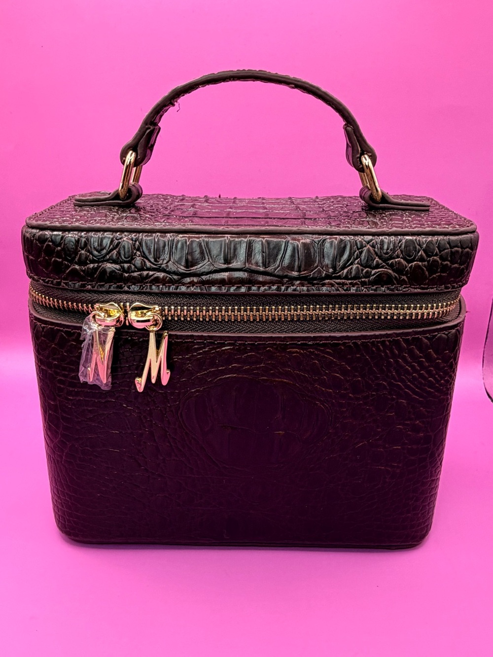 Neiman Marcus Black Croc-Embossed Top-Handle Cosmetic Case with Gold Hardware